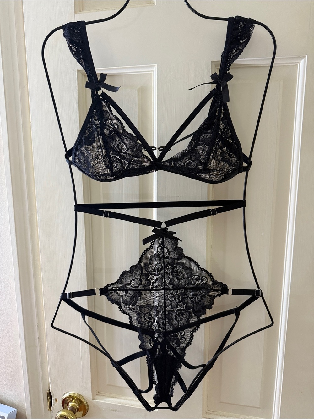VENUS Black Lace Strappy Bralette with matching Open Back Panty